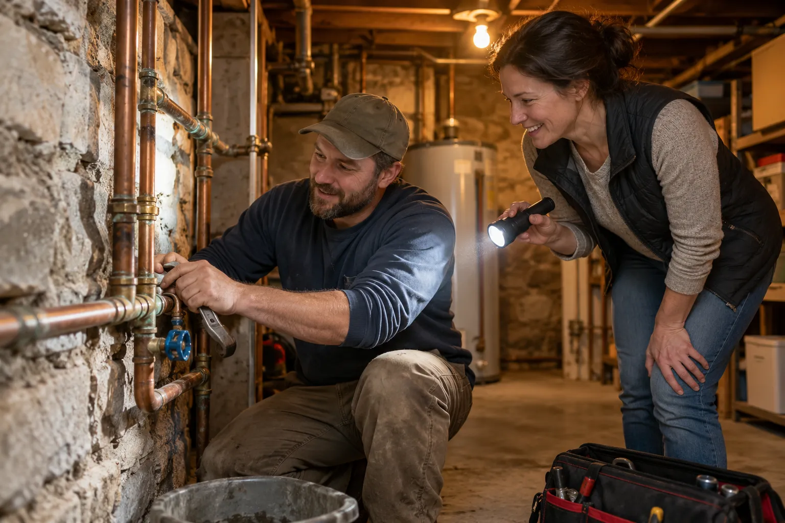 A homeowner in Barnstable Town talking with a plumbing provider in a basement